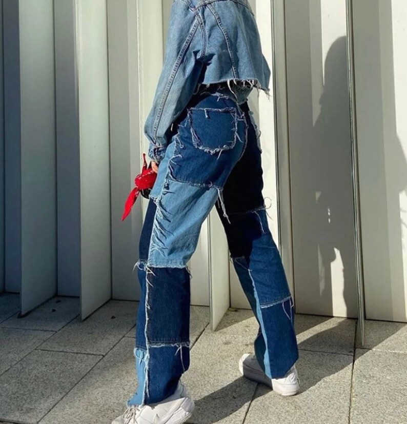Raw Edge Patchwork Straight Leg Jeans 
