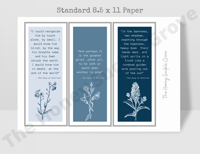 May include: Three printable art prints with blue backgrounds and white floral illustrations. Each print features a quote from the book "The Song of Achilles" by Madeline Miller. The quotes are: "I could recognize him by touch alone, by smell; I would know him blind, by the way his breaths came and his feet struck the earth. I would know him in death, at the end of the world."  "And perhaps it is the greater grief, after all, to be left on earth when another is gone."  "In the darkness, two shadows, reaching through the hopeless, heavy dusk. Their hands meet, and light spills in a flood like a hundred golden urns pouring out of the sun."