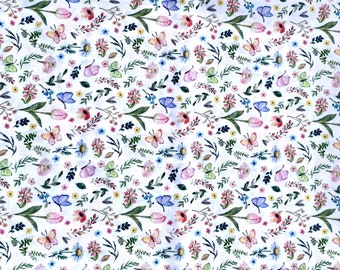 Butterfly Tulip Fabric, Floral Spring Colors, Poly Cotton By The Yard