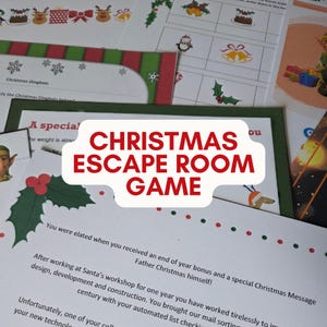 May include: A printed Christmas escape room game kit featuring multiple activity sheets with holiday illustrations including reindeer, holly, and elves. The central text reads CHRISTMAS ESCAPE ROOM GAME in bold red letters over a white background.