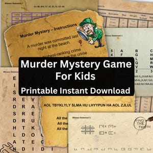 Op de afbeelding: Een verzameling printbare moordmysterie-speldocumenten voor kinderen met verouderde, beige papiertexturen. De pagina's bevatten getuigenverklaringen, een rasterpuzzel, een detective-illustratie met een vergrootglas en de tekst Murder Mystery Game For Kids Printable Instant Download.