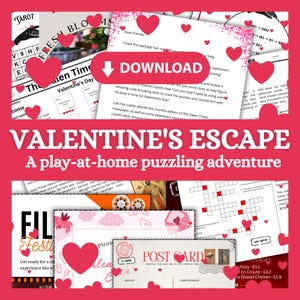 Op de afbeelding: Een Valentijnsdag-thema ontsnappingsspel met een roze en rode kleurschema. Het spel bevat een verscheidenheid aan puzzels, waaronder een kruiswoordpuzzel, een woordzoeker en een codekraakuitdaging. Het spel is ontworpen om thuis te spelen en is perfect voor koppels of gezinnen.