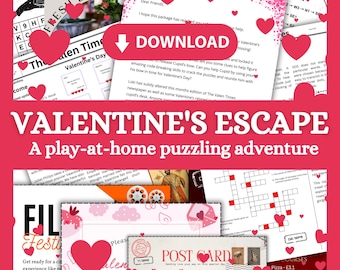 May include: A Valentine's Day themed escape room game with a pink and red color scheme. The game includes a variety of puzzles, including a crossword puzzle, a word search, and a code-breaking challenge. The game is designed to be played at home and is perfect for couples or families.