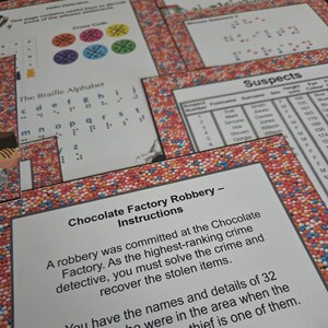 Pu&ograve; includere: Un set di fogli di gioco stampati per un'attivit&agrave; misteriosa su una rapina in una fabbrica di cioccolato. Le pagine includono istruzioni, una tabella dei sospettati, una guida all'alfabeto braille e chiavi di codice circolari colorate.