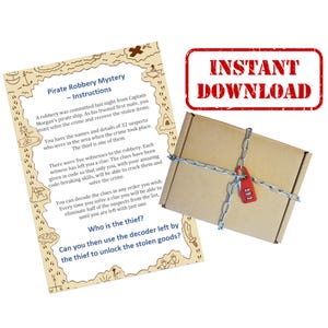 Puede incluir: Una caja de cartón marrón asegurada con una cadena plateada y un candado de combinación rojo. La caja está sellada con un sello rojo de "INSTANT DOWNLOAD". Junto a ella, un papel con "Pirate Robbery Mystery - Instructions".