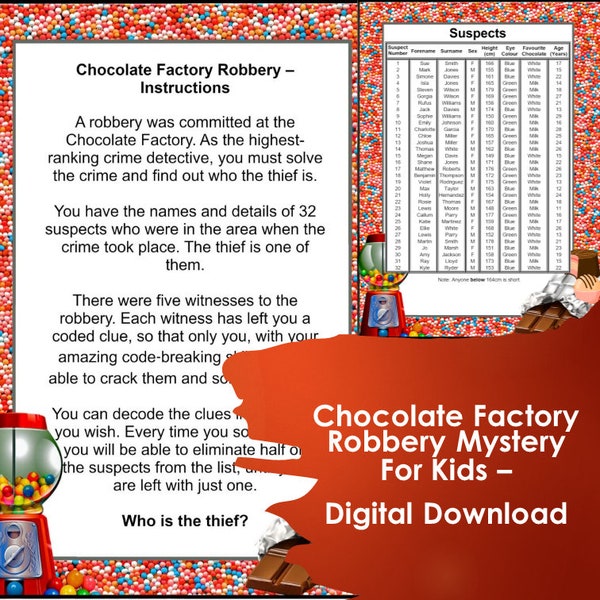 Juego de misterio de robo a fábrica de chocolate para niños - Descarga instantánea