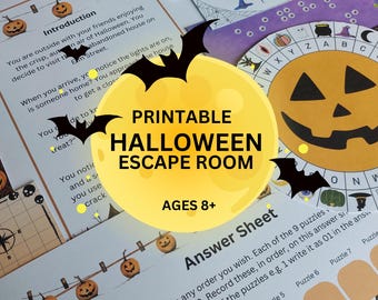 May include: A printable Halloween escape room game kit featuring an introduction page, an answer sheet, and a circular decoder wheel. The materials are decorated with illustrations of jack-o'-lanterns, bats, and spooky icons, with the text PRINTABLE HALLOWEEN ESCAPE ROOM AGES 8+ displayed prominently.