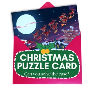 May include: A red envelope containing a green and white Christmas puzzle card. The card depicts a cartoon image of Santa Claus flying in a sleigh pulled by reindeer. The card reads "Christmas Puzzle Card" and "Can you solve the case?"