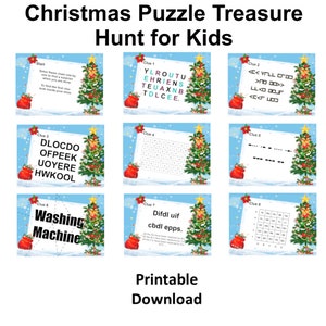 May include: A printable Christmas puzzle treasure hunt for kids. The image features eight clues with Christmas trees, red gift bags, and text. The title reads "Christmas Puzzle Treasure Hunt for Kids."