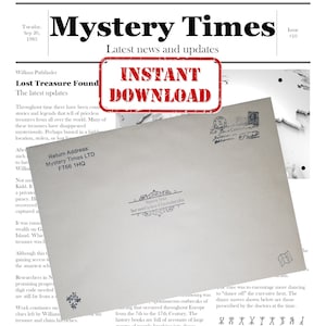 May include: A vintage newspaper clipping from the Mystery Times, dated September 20, 1983, with the headline "Lost Treasure Found". The article discusses the mystery of lost treasures and the search for them. The newspaper is partially obscured by a brown envelope with a stamp and a return address for Mystery Times LTD, FT66 1HQ.