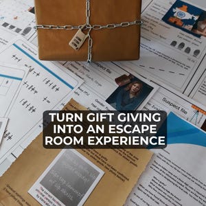 May include: A brown gift box wrapped in a silver metal chain secured with a three-digit combination padlock, placed atop a collection of printed suspect files and documents featuring the text TURN GIFT GIVING INTO AN ESCAPE ROOM EXPERIENCE.