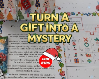 May include: A Christmas-themed mystery game kit for children featuring a gift box secured with a silver chain and a red combination lock. The kit includes printed instruction sheets with holiday graphics, a suspect list, and a code-breaking grid.