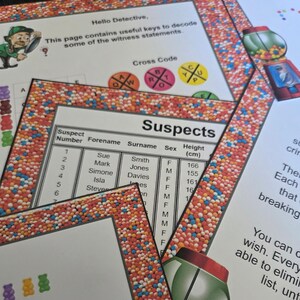 Pu&ograve; includere: Un foglio di attivit&agrave; di gioco investigativo stampato con un bordo di zuccherini colorati. Il documento include una tabella intitolata Suspects con colonne per nome, cognome, sesso e altezza in cm, insieme a un'illustrazione di un detective e un distributore di gomme.