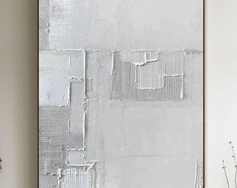 Minimalist Textured Abstract Oil Painting on Canvas, White Neutral Wall Art for Modern Living Room, Handmade Impasto Artwork Home Decor