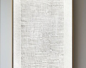Original Minimalist Textured Line Art Painting on Canvas – Modern Hand Painted White Abstract Wall Art for Living Room, Neutral Grid Artwork