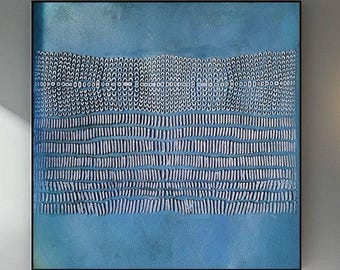Blue Abstract Line Art on Canvas–Hand Painted Geometric Wall Art with Textured Stripes,Modern Minimalist Home Decor for Living Room Bedroom