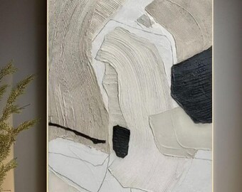 Wabi Sabi Neutral Abstract Oil Painting,Hand Painted Modern Minimalist Wall Art on Canvas,Sculptural Beige and Black Contemporary Home Decor