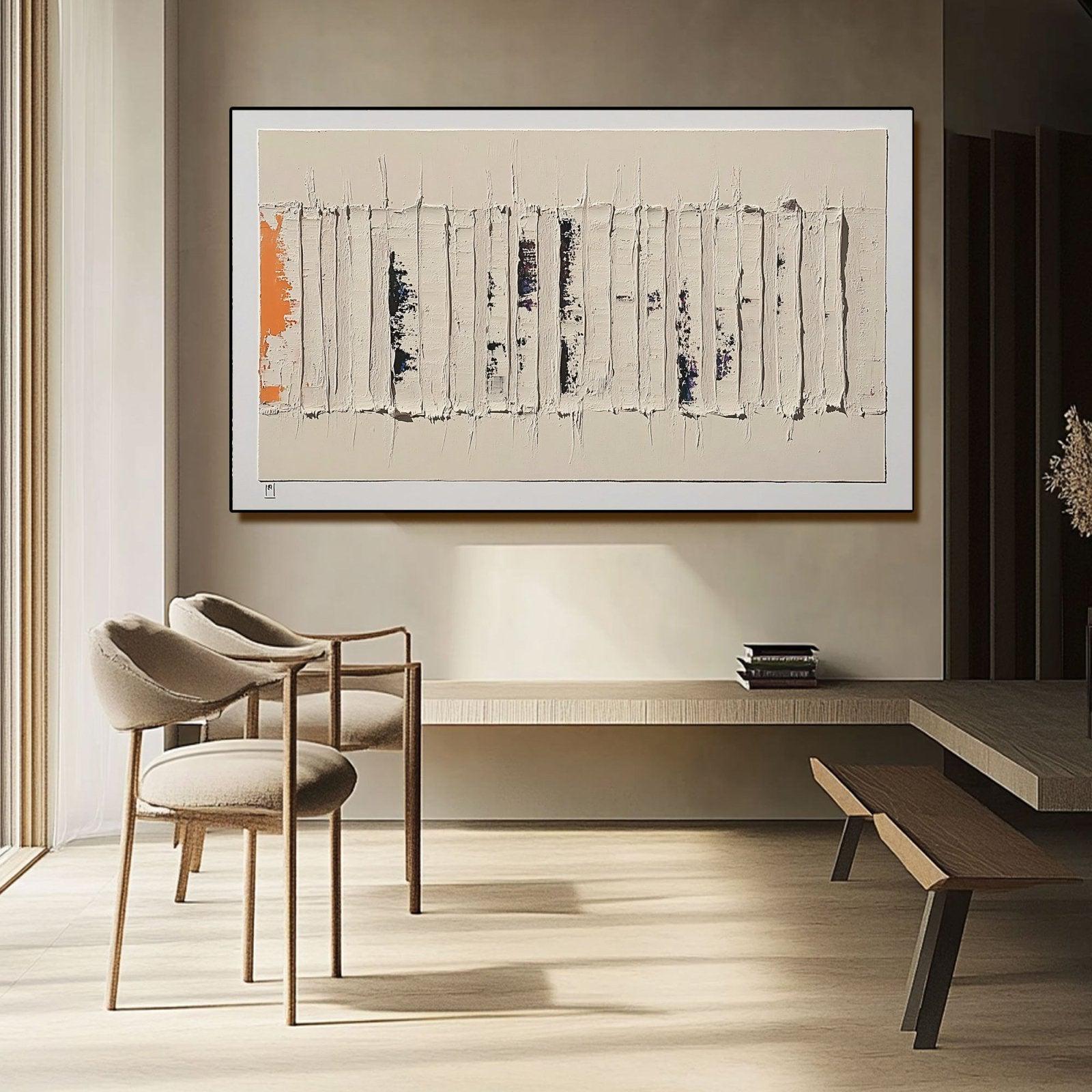 Original Abstract Textured Oil Painting on Canvas Large Modern Neutral Wall Art with Orange Accent Minimalist Vertical Line Home Decor