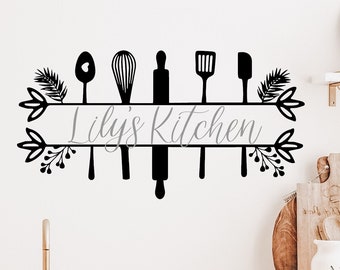 Personalized Kitchen Decal, Custom Name Kitchen Wall Sticker, Cooking Utensil Border