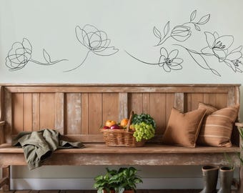 Minimale lijnkunst bloemen muurstickers / handgetekende moderne bloemenaccent muurstickers / verwijderbare kunstdecor / slaapkamer / woonkamer