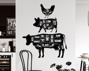 Stacked Farm Animals Kitchen Wall Decal/ Cow, Pig, Chicken/ Butcher Cuts/ Kitchen Farm House Decoration