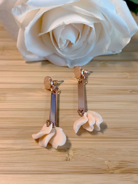 Rose Gold Dangling Earrings With White Rose Petals Handmade