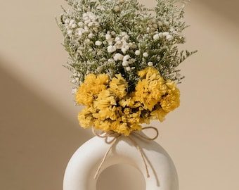 Minimalist Natural Yellow and White Flower Arrangement in Stoneware Halo Vase | Dried Flowers | Dried Floral Centerpiece