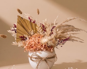 Boho Dried Flower Arrangement | Blush Pampas Grass Decor| Burgundy Floral Centerpiece| Preserved Flowers in Vase