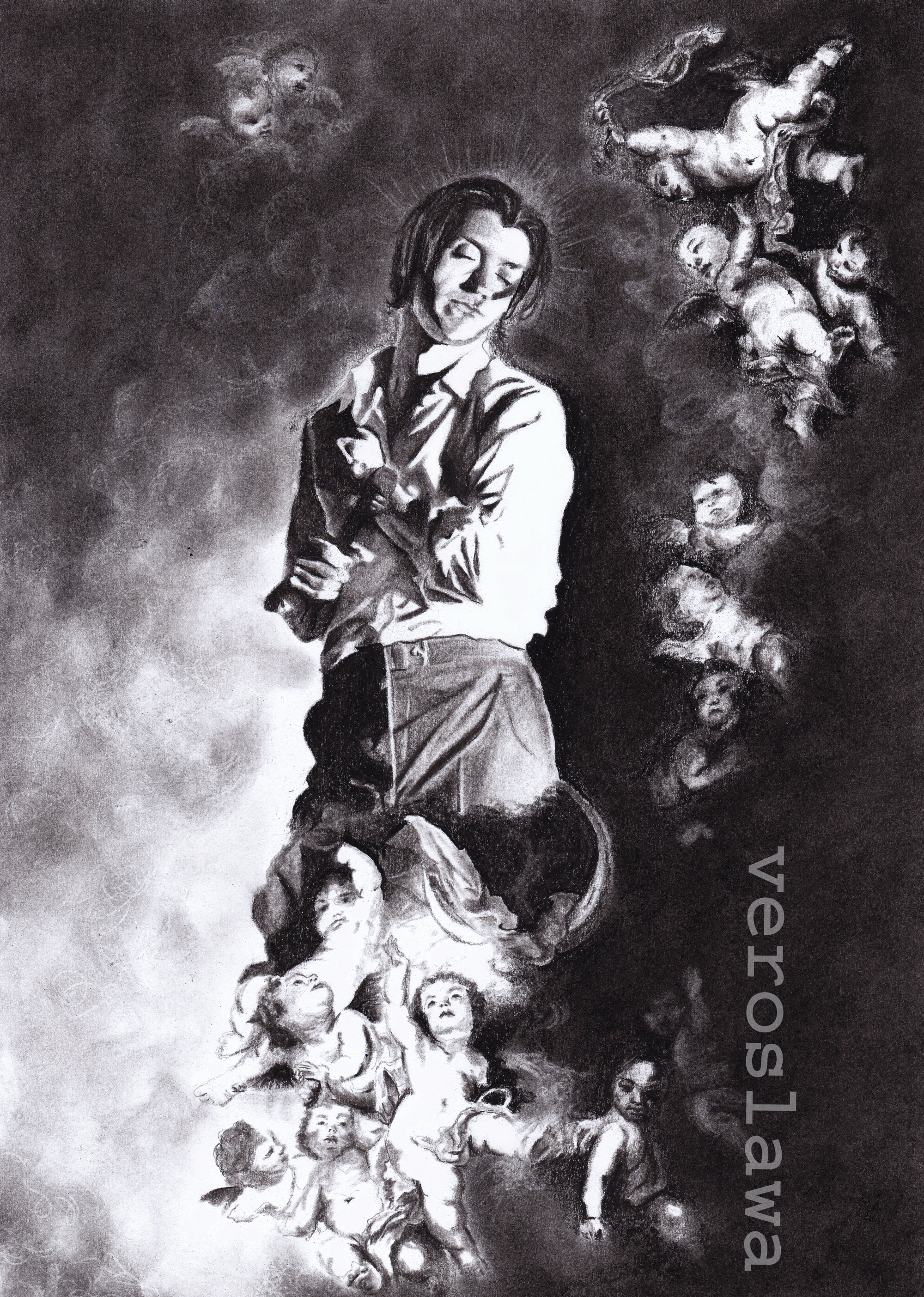 Print of drawing Alex Turner in baroque painting Arctic Monkeys fan art rock band poster Bartolomé Esteban Murillo