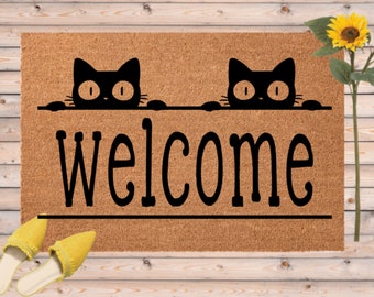 Two Cats Welcome Door Mat, Cat Lover Door Mat,  Outdoor Black Cat Lovers, Cat Welcome Mat, Custom Made Front Door Decor, Gift for Cat Lover