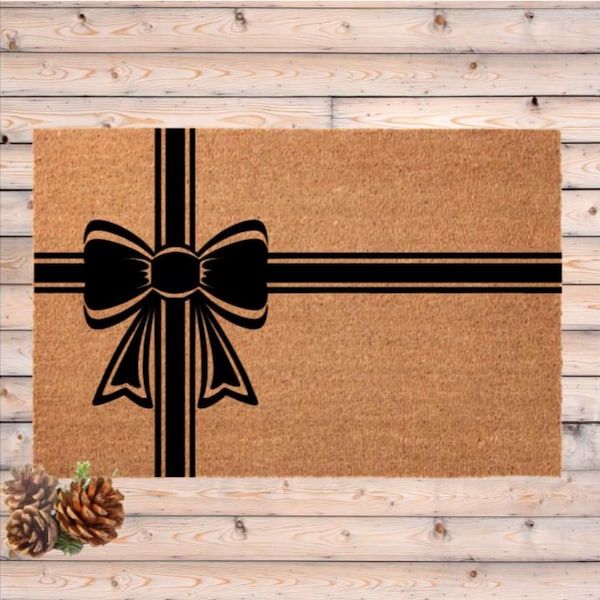 Christmas Present Doormat, Wrapped Gift Door Mat, Holiday Bow Decor, Ribbon and Bow Decoration, Gift for Host, Christmas Front Door, Home