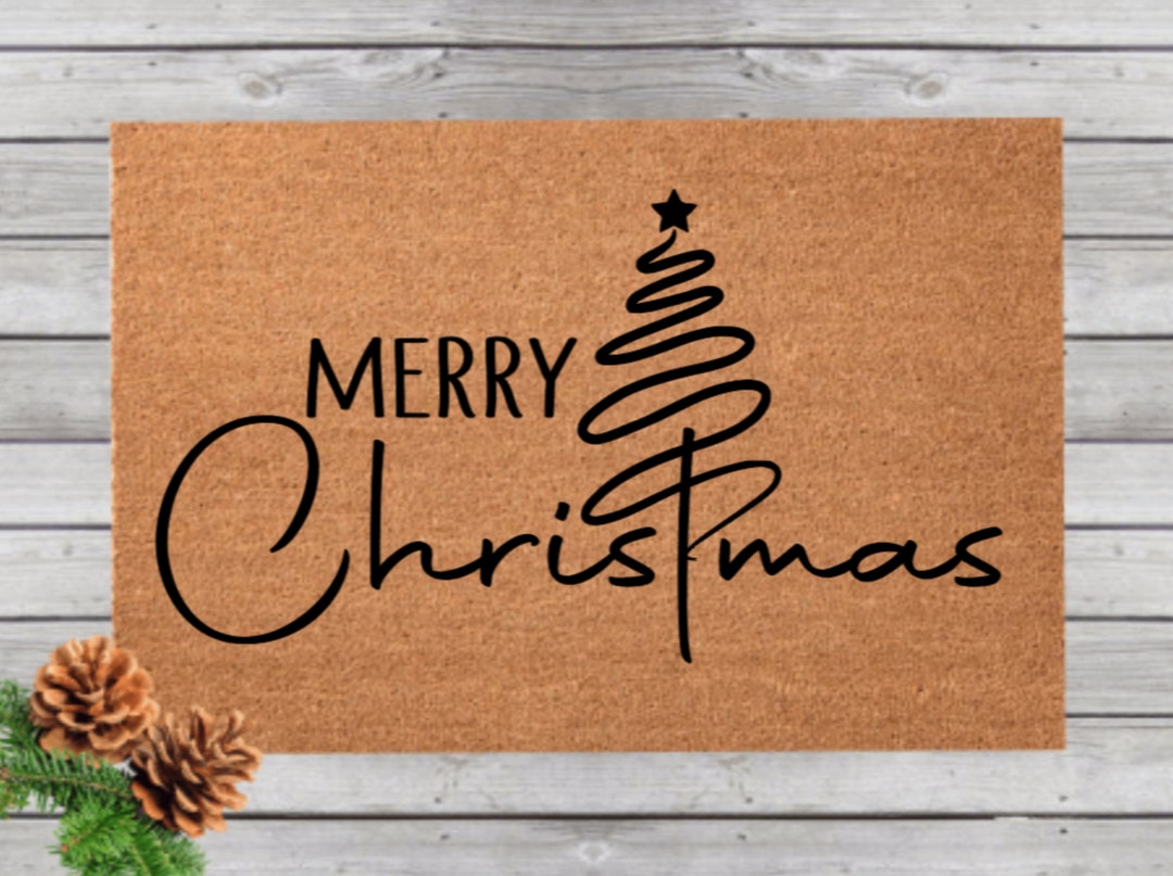 Merry Christmas Door Mat, Christmas Tree Doormat, Holiday Front Door