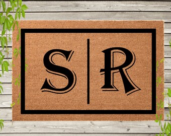 Two Initial Monogram Doormat, Wedding Gift Door Mat Border, Custom Welcome, Customized Outdoor Rug, Letter, Realtor Closing Gift, Hostess