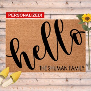 Hello Address Door Mat, Script Hello diagonal doormat, Personalized Coir Welcome Mat, Outdoor Customized Rug, Closing Gift, Housewarming