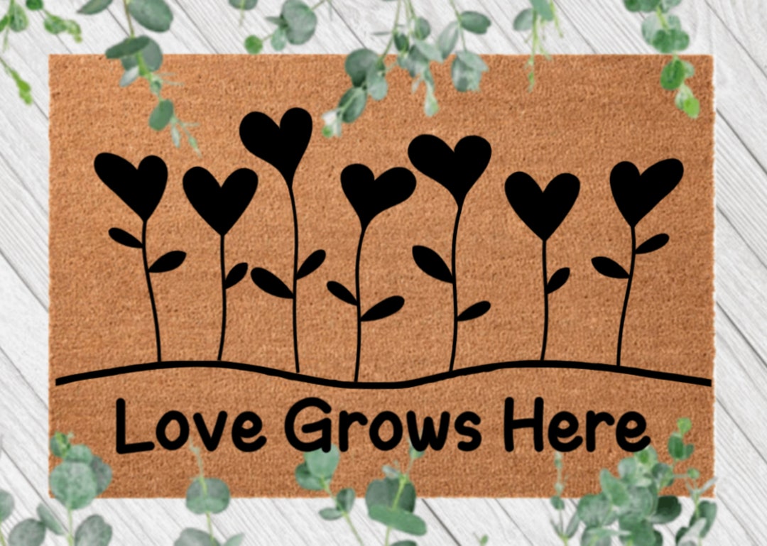 Love Grows Here, Heart Door Mat, Valentine's Doormat, Spring Mat, Valentine's Day Gift