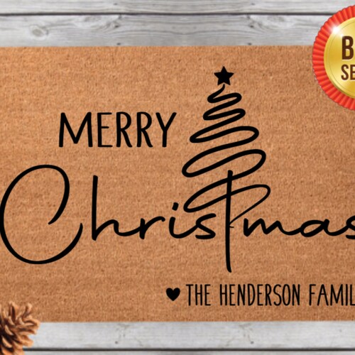 Merry Christmas Doormat Last Name Holiday Outdoor Mat Etsy