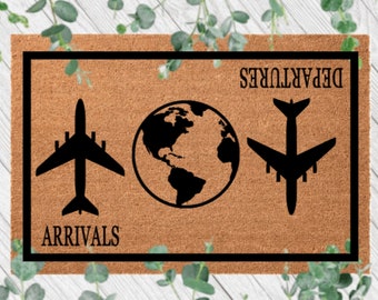 Arrivals Departures Airplane World Doormat, Frequent Flyer Outdoor Door Mat, Gift for Traveler, Pilot, Flight Attendant Gift, Gift for Home