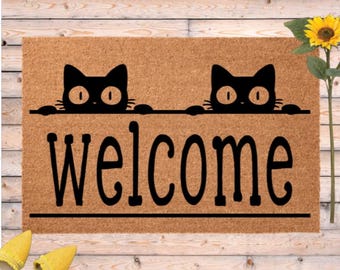 Two Cats Welcome Door Mat, Cat Lover Door Mat,  Outdoor Black Cat Lovers, Cat Welcome Mat, Custom Made Front Door Decor, Gift for Cat Lover