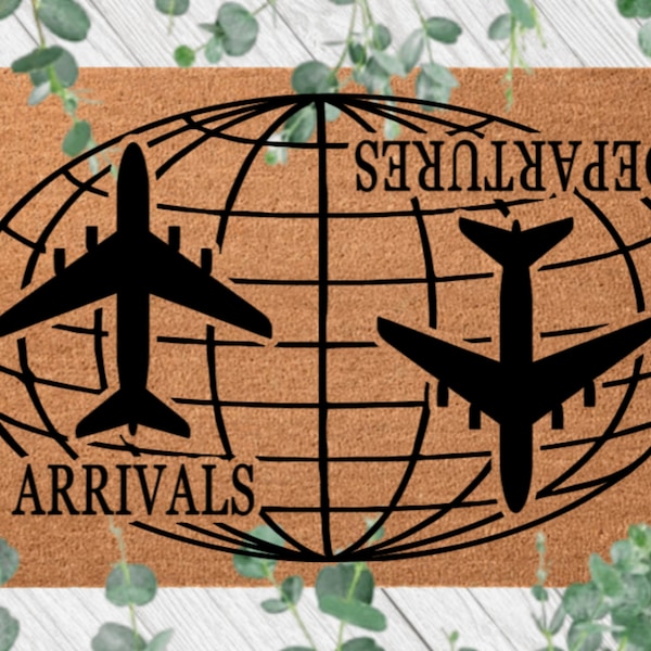 Arrivals Departures Airplane World Globe Doormat, Frequent Flyer Door Mat, Gift for Traveler, Pilot, Flight Attendant Gift, Travel Agent