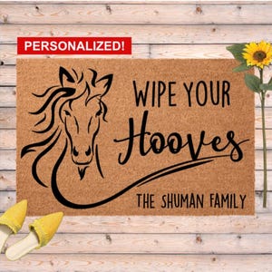 Wipe Your Hooves Doormat, Horse Door Mat, Personalized Welcome Mat, Gift for Horse Lover, Animal Lover, Farm Gift Women, Custom Last Name