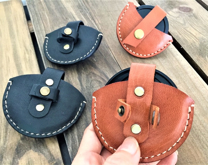 Handmade Leather Camera Lens Cap Holder, Strap Case