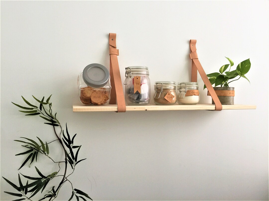 Leather Strap Wood Floating Wall Shelf // Wooden Shelves // Wall
