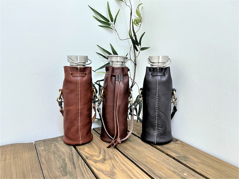 Leather Water Bottle Holder with Detachable Crossbody Strap // Carry Handle // Leather bottle cage // Carry Handle Bottle Holder image 9