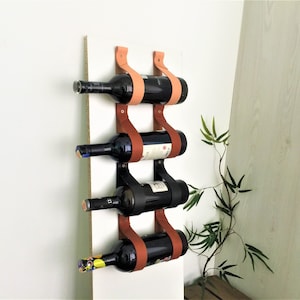 Wall-Mounted Leather Wine Rack – Minimalist Hanging Bottle Holder – Handmade Leather Strap Organizer – Gift for Wine Lovers