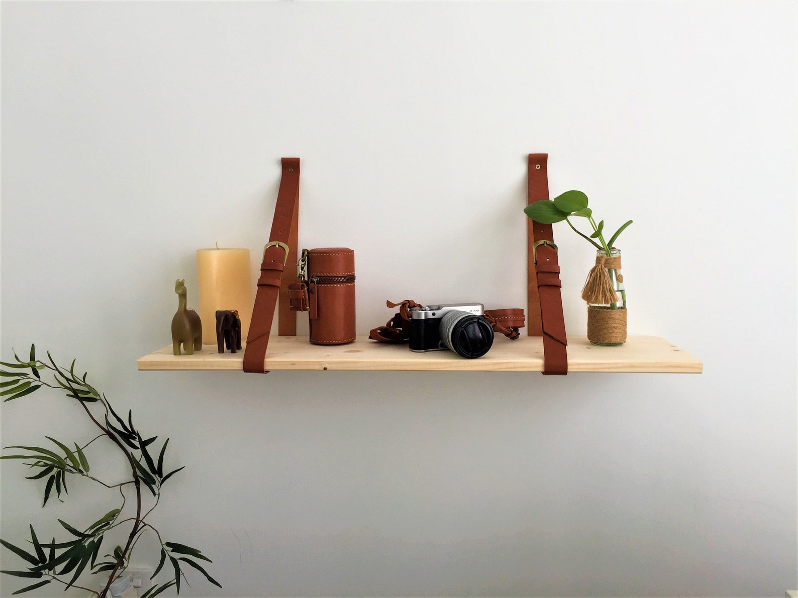 Leather Strap Wood Floating Wall Shelf // Wooden Shelves // Etsy