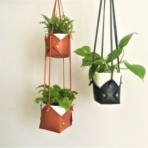 May include: Two hanging leather plant pots with plants. The top pot is brown leather and holds a fern. The bottom pot is black leather and holds a leafy plant.