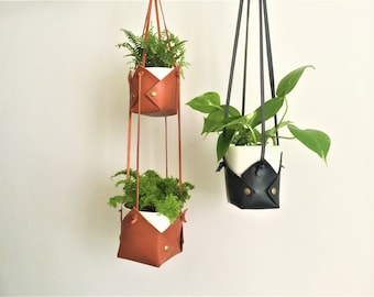 Double cintre de plantes suspendues d’intérieur // Porte-plantes d’intérieur suspendu / Hamac de plantes en cuir // Décor de jardinière minimal // Cadeau de fête des mères