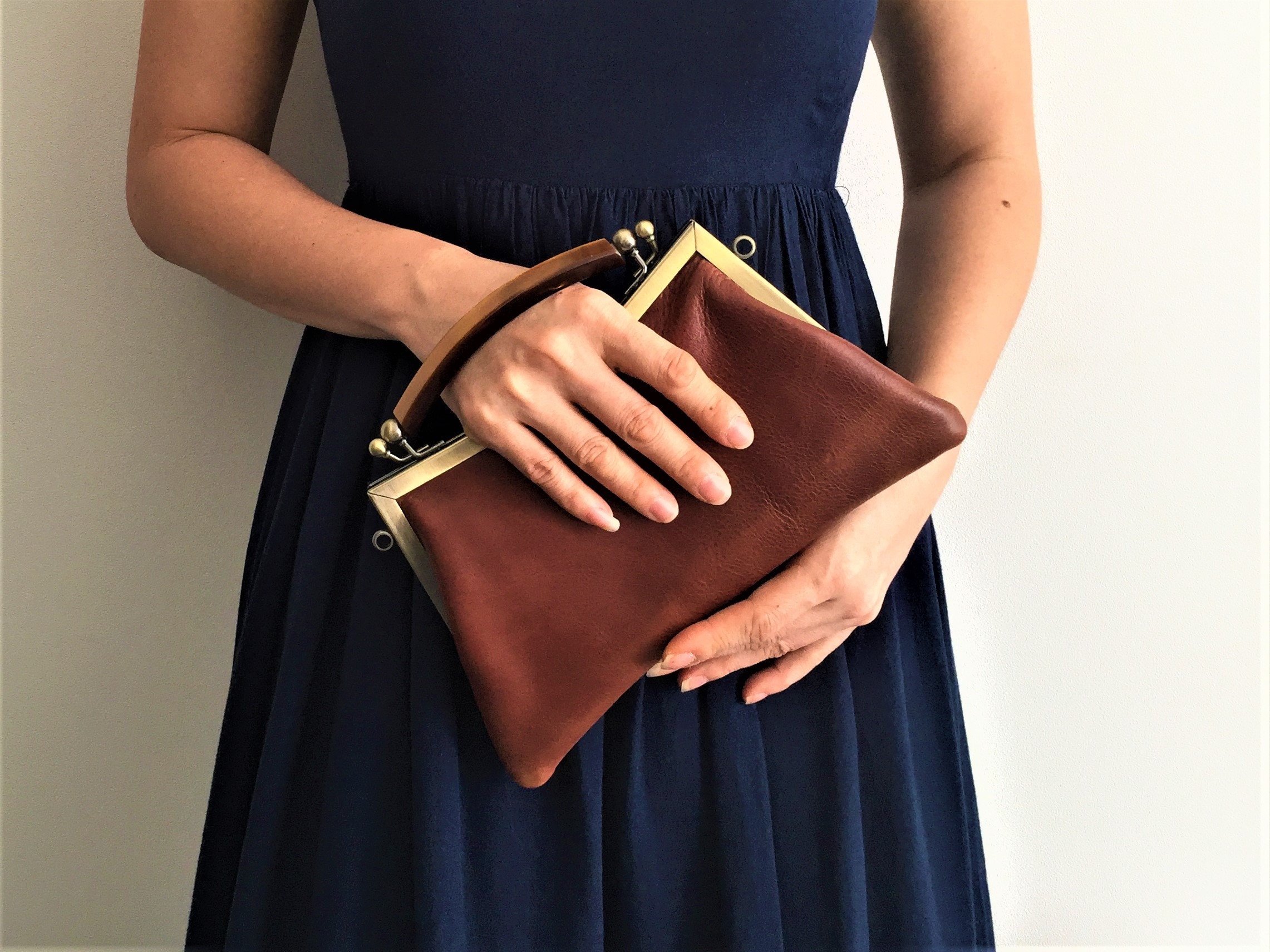 Vintage Leather Kiss Lock Frame Bag, Handmade Clutch