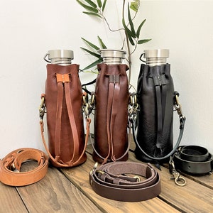 Leather Water Bottle Holder with Detachable Crossbody Strap // Carry Handle // Leather bottle cage // Carry Handle Bottle Holder image 1