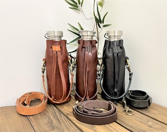 Leather Water Bottle Holder with Detachable Crossbody Strap // Carry Handle // Leather bottle cage // Carry Handle Bottle Holder